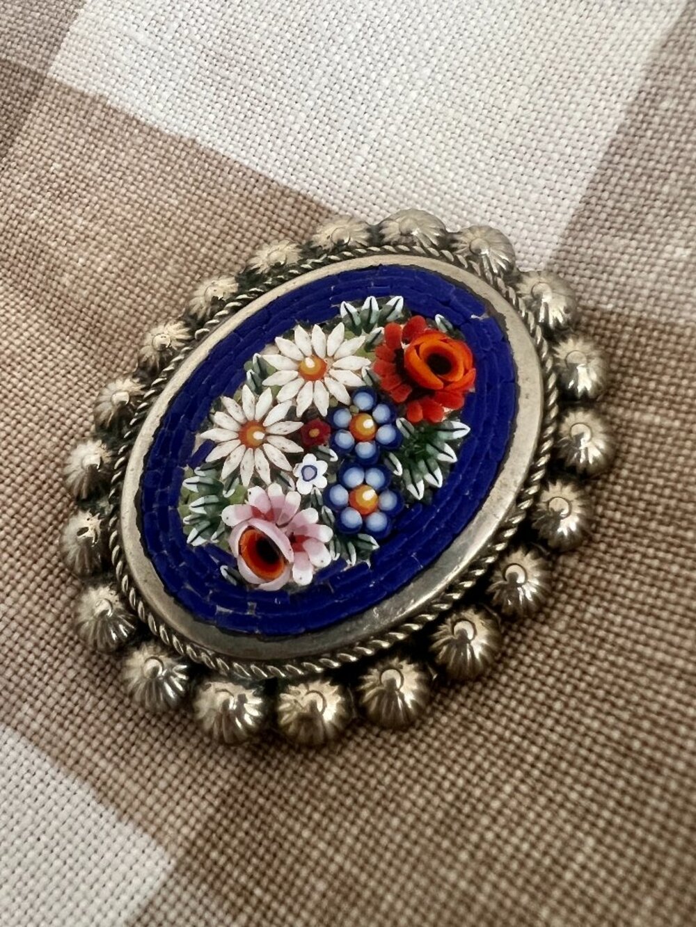 Vintage Italian Micro Mosaic Floral Brooch Silver Blue Multicolor Floral Bouquet